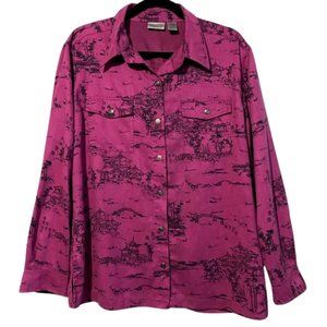 Chicos Brushed Suede Asian Inspired Button-Down Shirt Size L / 12